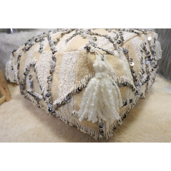 Moroccan Vintage Pouf, Handira Pouf Floor Pillow, Berber Ottoman - Picture 9 of 10
